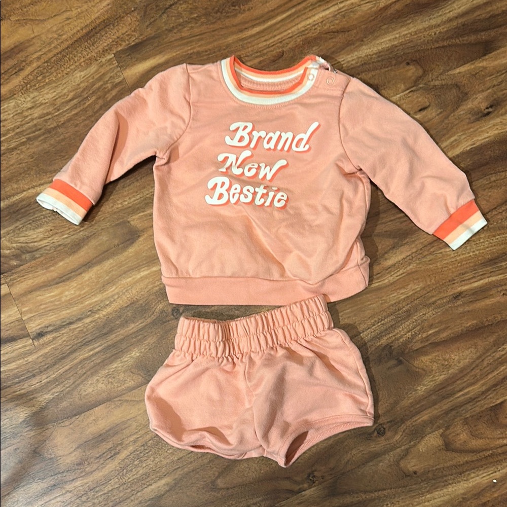 Peach Baby Outfit with 'Brand New Bestie' Print